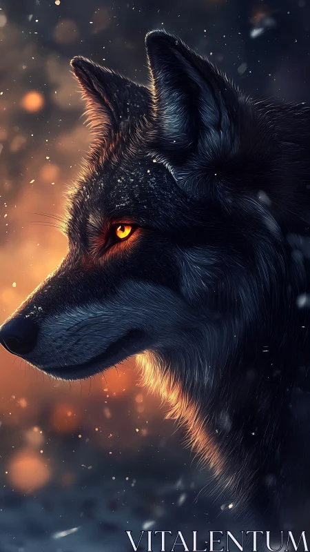 Fiery eyed wolf gazes calmly through drifting winter sparks