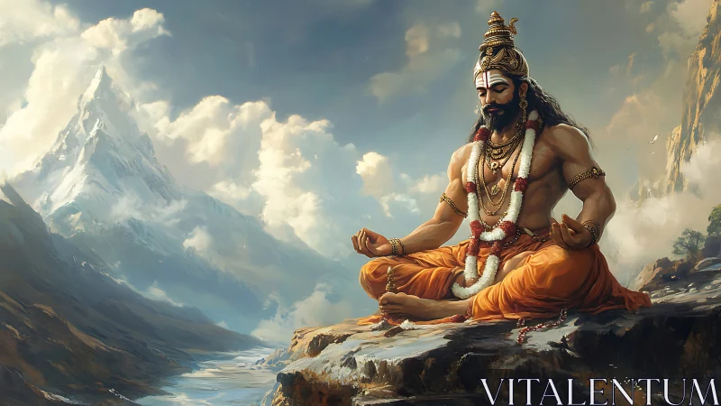 Meditating sage on Himalayan cliff amid luminous clouds.