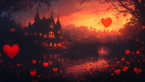 Enchanted Castle at Sunset with Floating Hearts