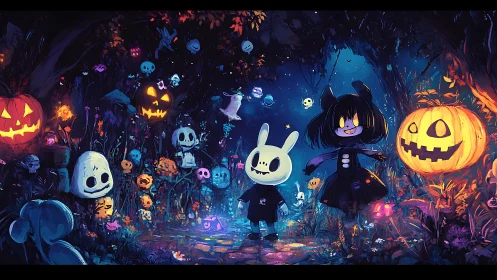 Playful pumpkin ghosts welcome two happy kids on Halloween night