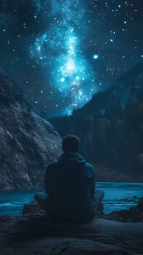 Solitary figure observes high-contrast Milky Way over alpine river