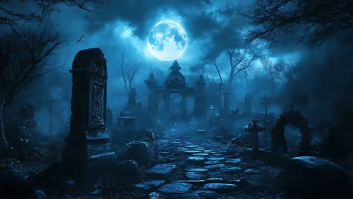 Moon-drowned graveyard stones whisper toward the ruins