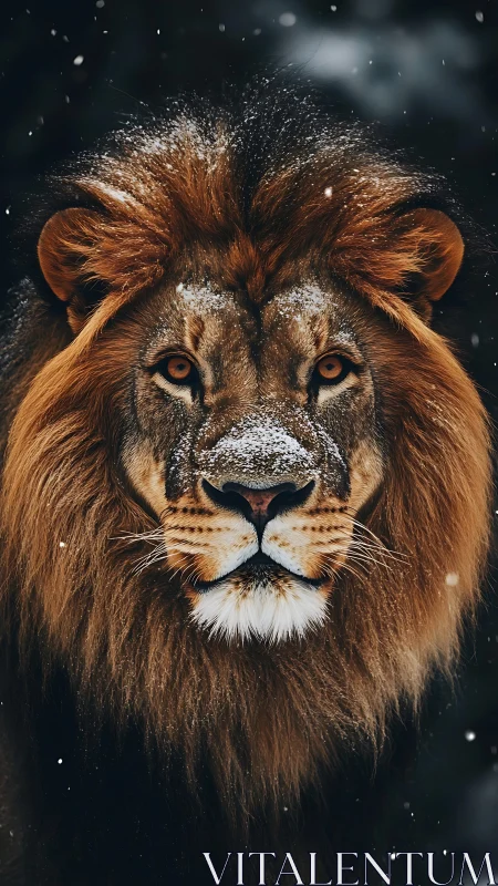 Snow-dusted lion stares forward in dramatic winter silence.