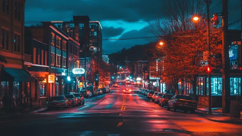 Urban street corridor under mixed neon and sodium lighting.