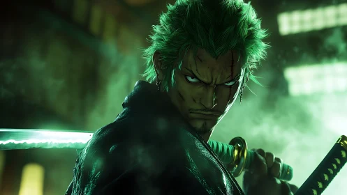 Sword-wielding warrior glares through neon mist before battle