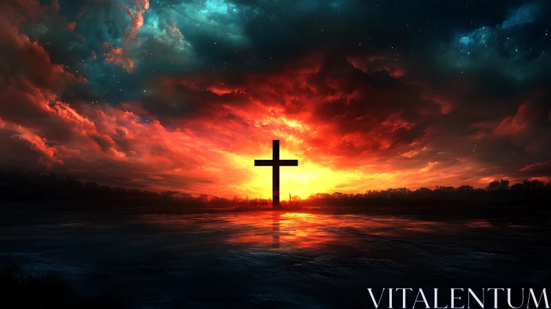 Backlit cruciform silhouette in high-dynamic sunset field.