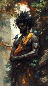 Warrior druid stands against ancient tree with perched birds
