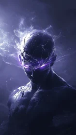 Storm-lit cosmic guardian with glowing violet gaze emerges.