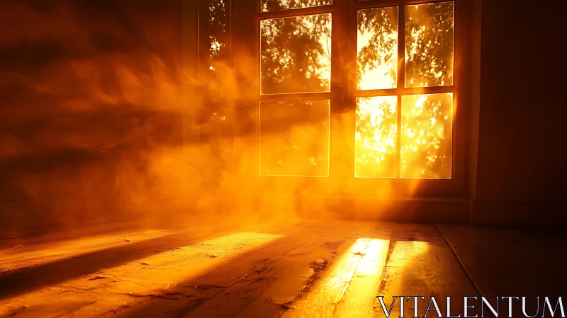 Sunlit interior floor with dust in warm backlit beams.