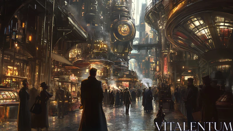 Layered steampunk atrium with luminous transit machinery.