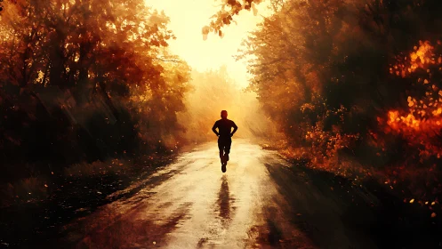 Lone runner moves down sunlit autumn forest road.