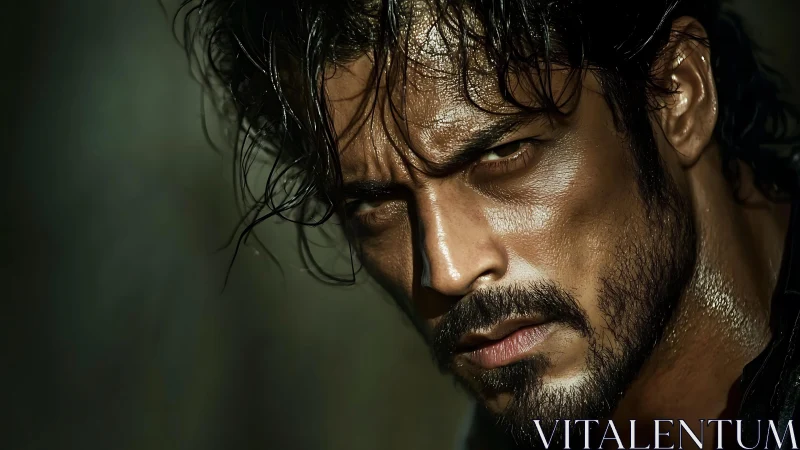 Intense male portrait in dramatic low-key photorealistic style.