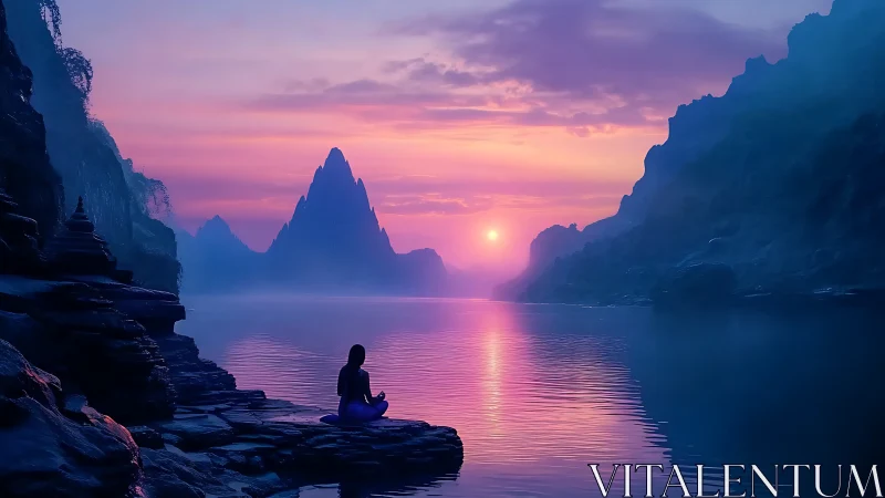 Silhouette meditates by reflective lake at vivid sunset