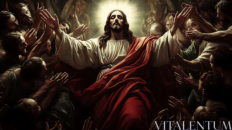 Radiant Christ figure rises in divine light among followers