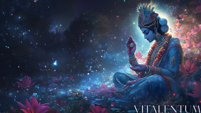 Divine blue figure meditating in luminous lotus garden night.