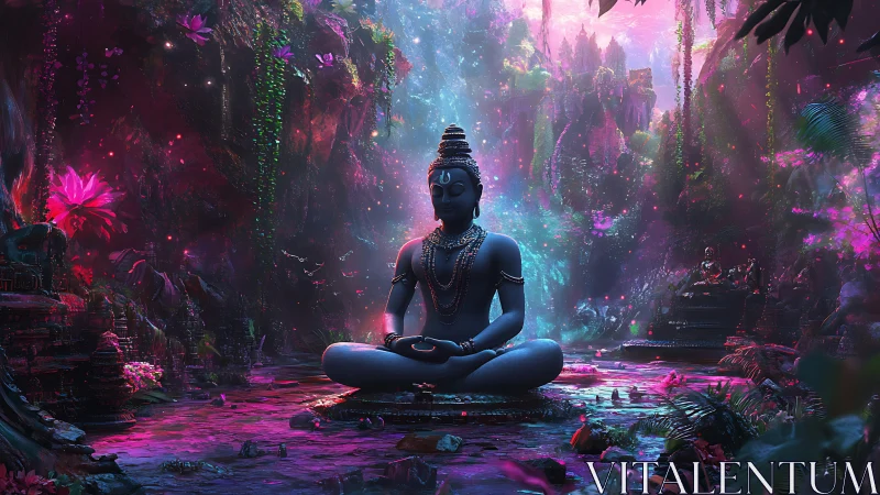 Midnight blue deity floats in neon jungle tranquility