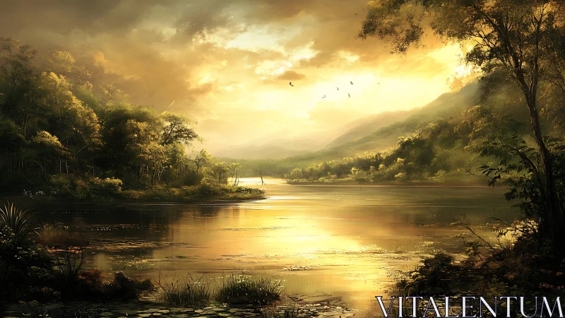 Golden sunset light glows across tranquil forest lake