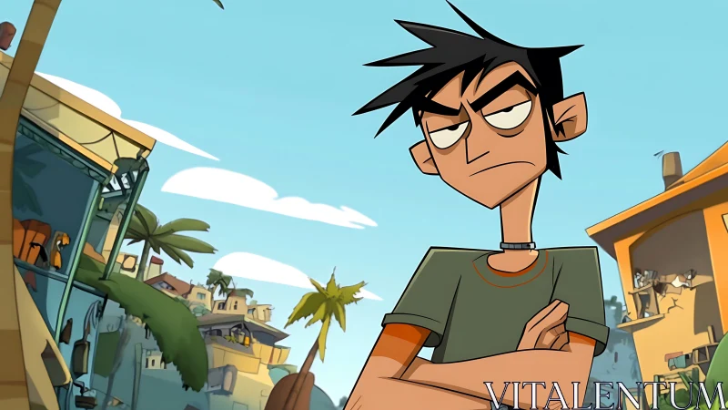 Animated youth stands in stylized urban neighborhood scene