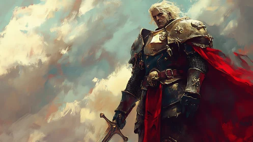 Steel-clad paladin beneath storm-kissed sky, crimson cloak.