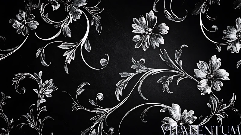 Monochrome floral scrollwork on textured black ground.