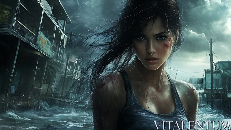 Storm-drenched survivor in flooded coastal ruin portrait.