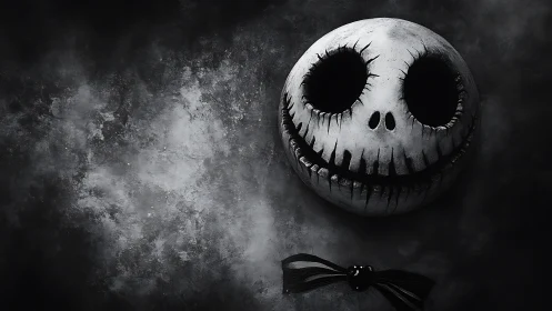 Grinning skull mask floats in eerie monochrome gloom