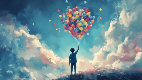 Child holding skyward balloons under vivid painted clouds.
