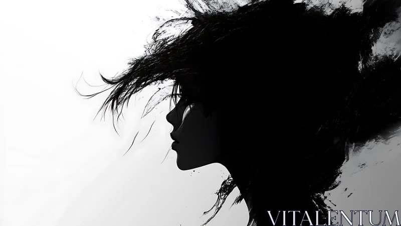 Silhouette profile merges with abstract black brushstroke void.