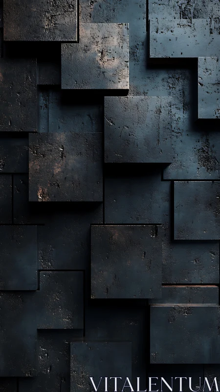 Dark geometric metal wall with layered textured panels.