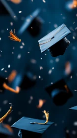 Graduation caps flying upward against deep blue background.