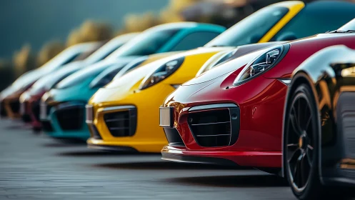 Sportscar lineup showcases bold colors and sleek forms.