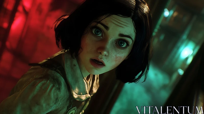 Young woman rendered in close-up within neon lit corridor