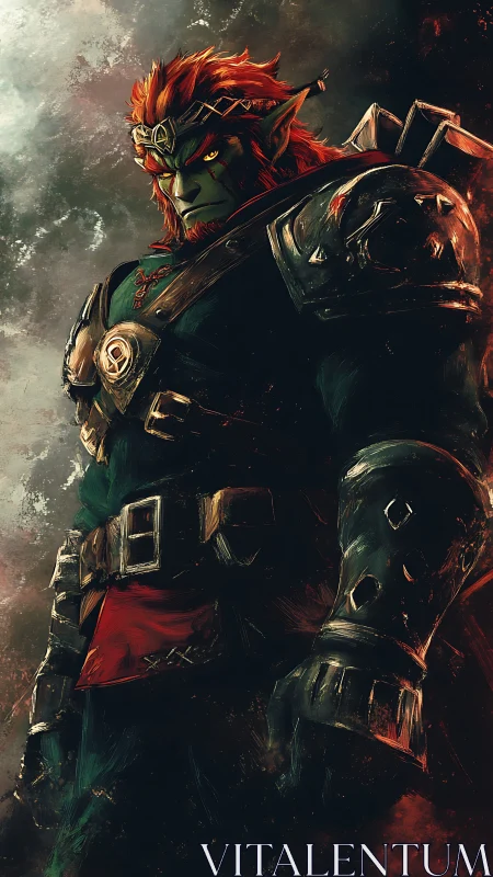 Armored green-skinned warrior with crown in side profile.