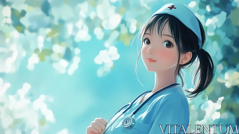 Anime nurse portrait under soft teal bokeh light.