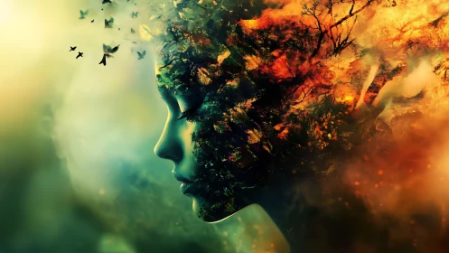 Surreal forest face merges human profile and autumn fire