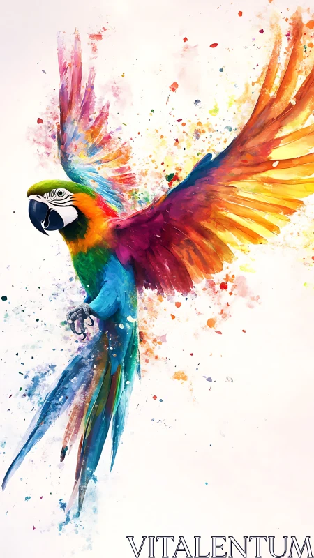 Vivid macaw in dynamic watercolor splatter with high chroma range