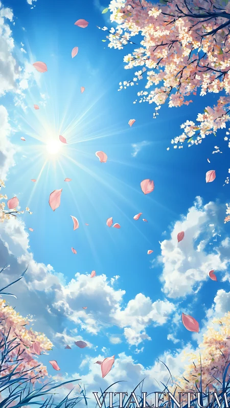 Sunlit cherry blossoms drifting gently across blue skies.
