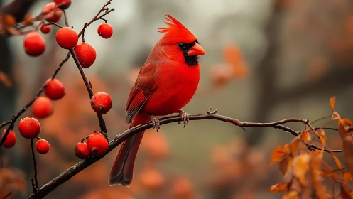Vibrant red cardinal perched on autumn branch, nature photography.