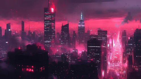 Neon storm over crimson mega-city streets at midnight.
