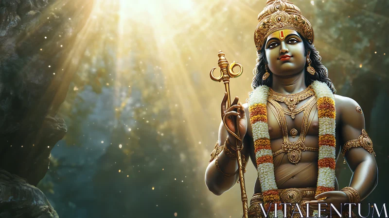 3D devotional deity portrait with radiant forest backlight.