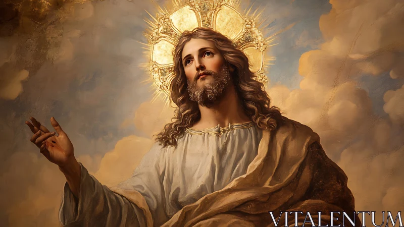 Religious figure with halo in cloud-filled sky setting.