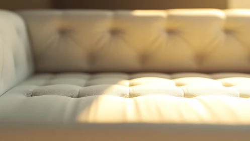 Sunlit tufted sofa seat glows in soft golden focus.
