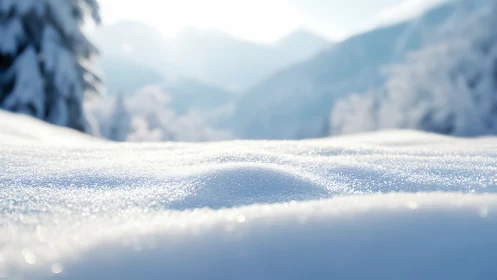 Sunlit snow surface with blurred winter mountainscape.
