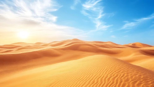 Golden desert dunes glow under bright blue morning sky.