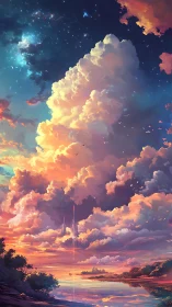 Soaring sunset clouds invite dreams above a glowing shore
