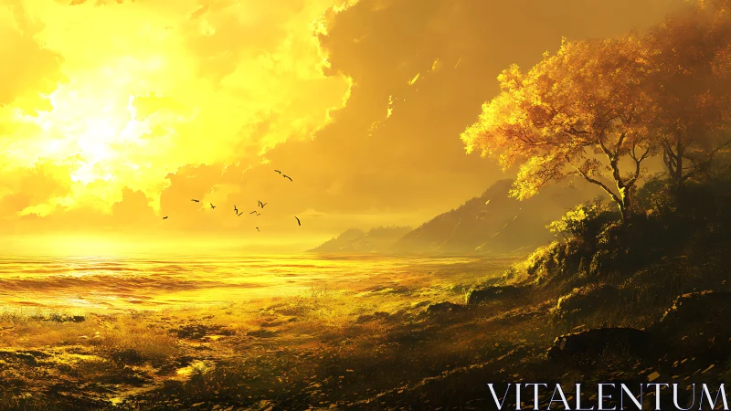 Coastal landscape under intense yellow sunset light.