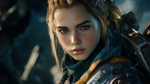 Female sci-fi warrior portrait shows detailed armored close-up