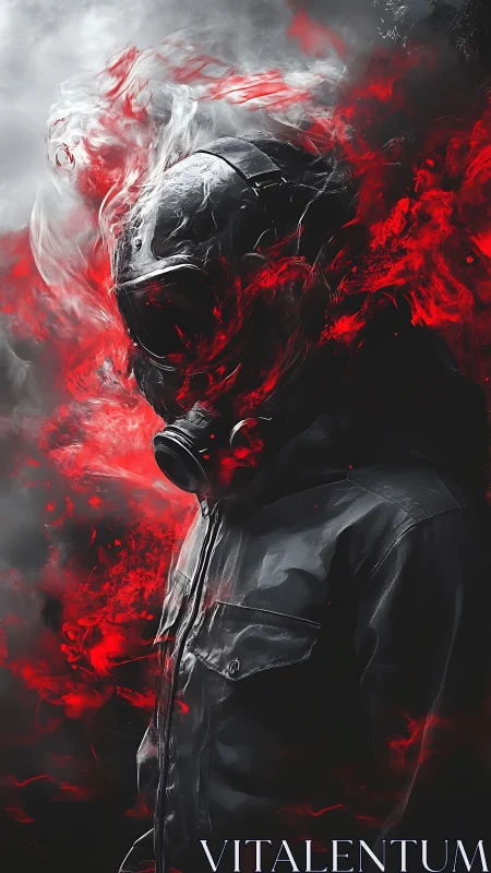 Hooded figure in gas mask engulfed by red digital flames