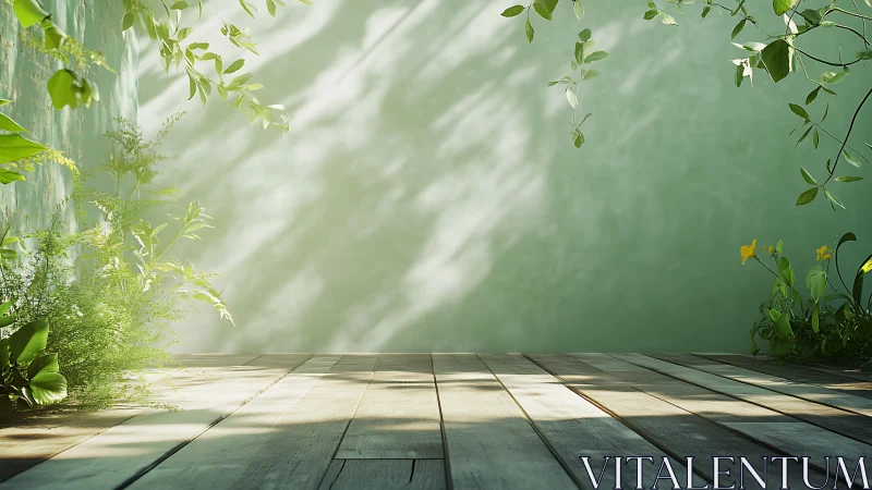 Sunlit wooden terrace wrapped in gentle garden greenery.