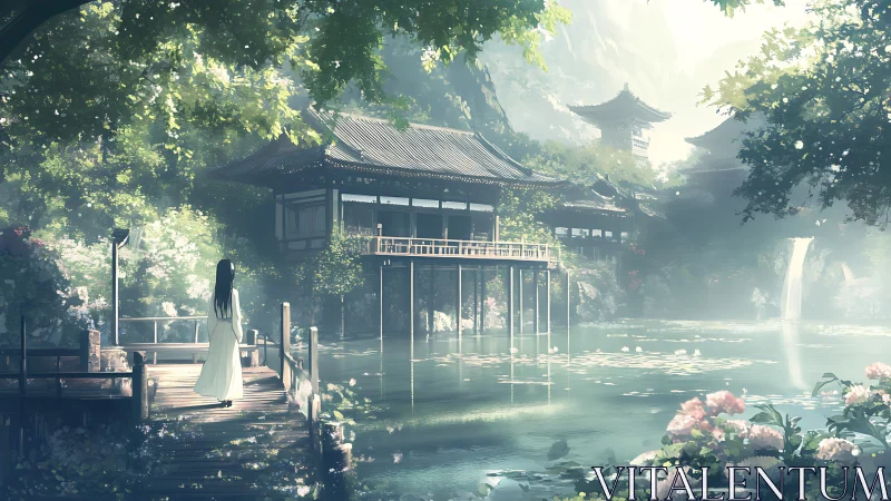 Lakeside pavilion with traditional rooftops and lone figure.